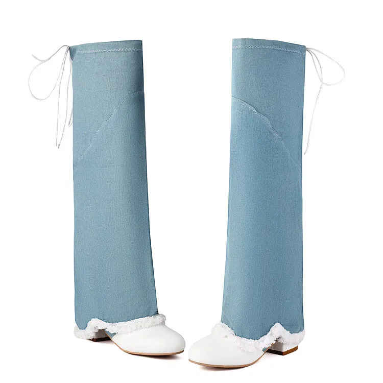 Women's Round Toe Denim Square Heel Knee-High Boots