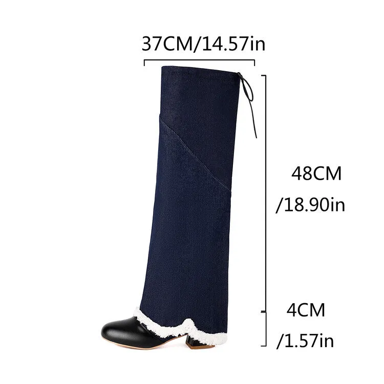 Women's Round Toe Denim Square Heel Knee-High Boots