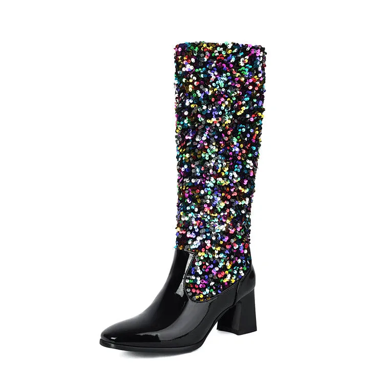 Women's Sequins Square Toe Block Heel Knee High Boots