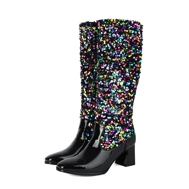 Women's Sequins Square Toe Block Heel Knee High Boots