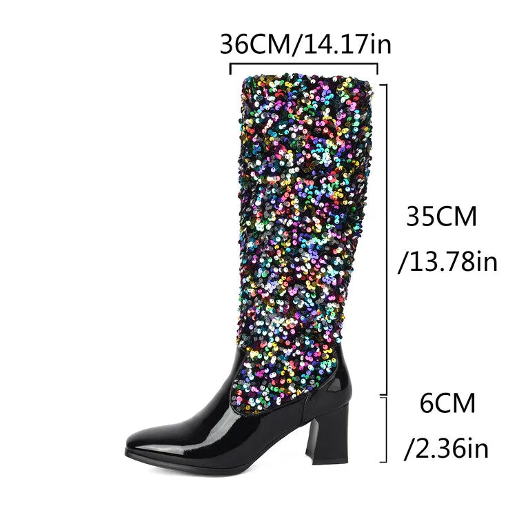 Women's Sequins Square Toe Block Heel Knee High Boots