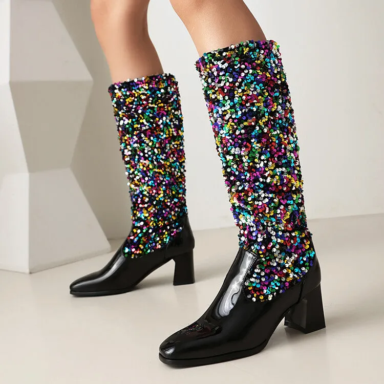Women's Sequins Square Toe Block Heel Knee High Boots