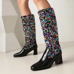 Women's Sequins Square Toe Block Heel Knee High Boots