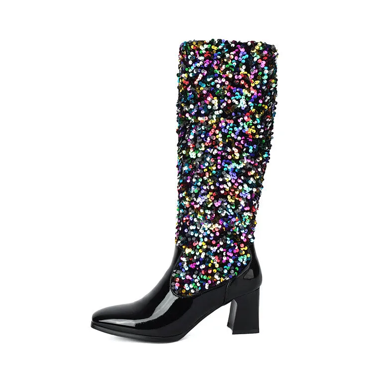 Women's Sequins Square Toe Block Heel Knee High Boots