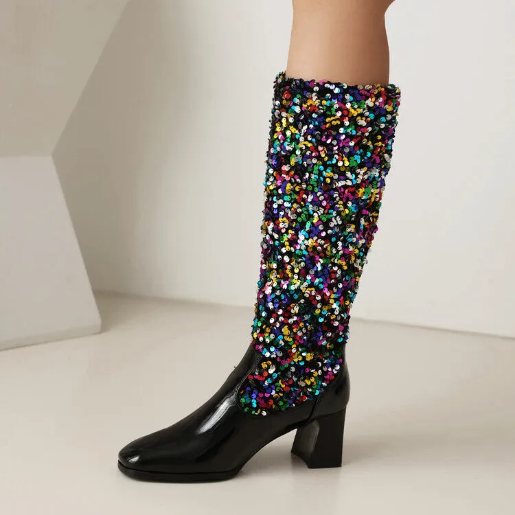 Women's Sequins Square Toe Block Heel Knee High Boots