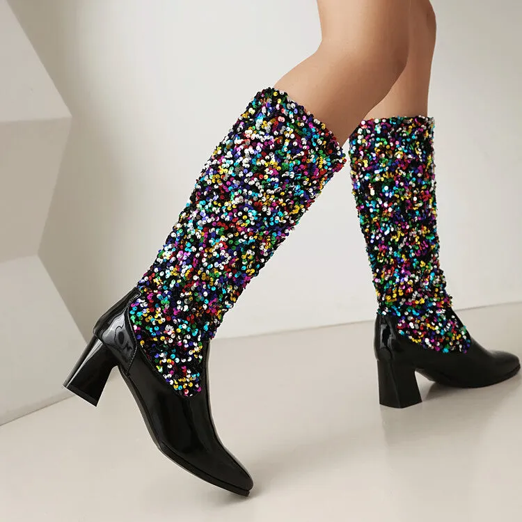 Women's Sequins Square Toe Block Heel Knee High Boots